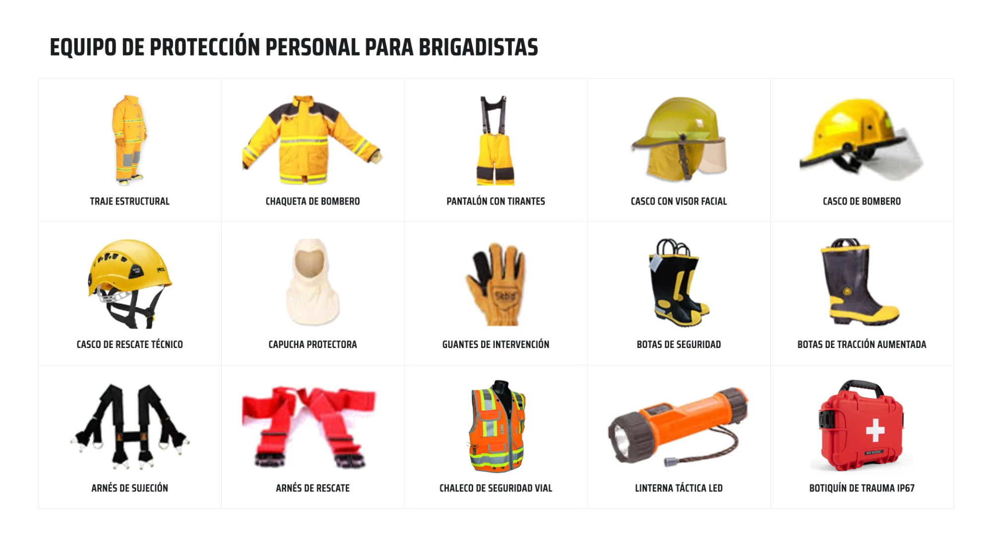 Equipo de protección personal para brigadas de emergencia: traje de aproximación, cascos con visor facial y de rescate técnico, capucha protectora, guantes de intervención, botas de seguridad, arneses de sujeción y rescate, chaleco de seguridad vial, linterna táctica LED y botiquín de trauma IP67